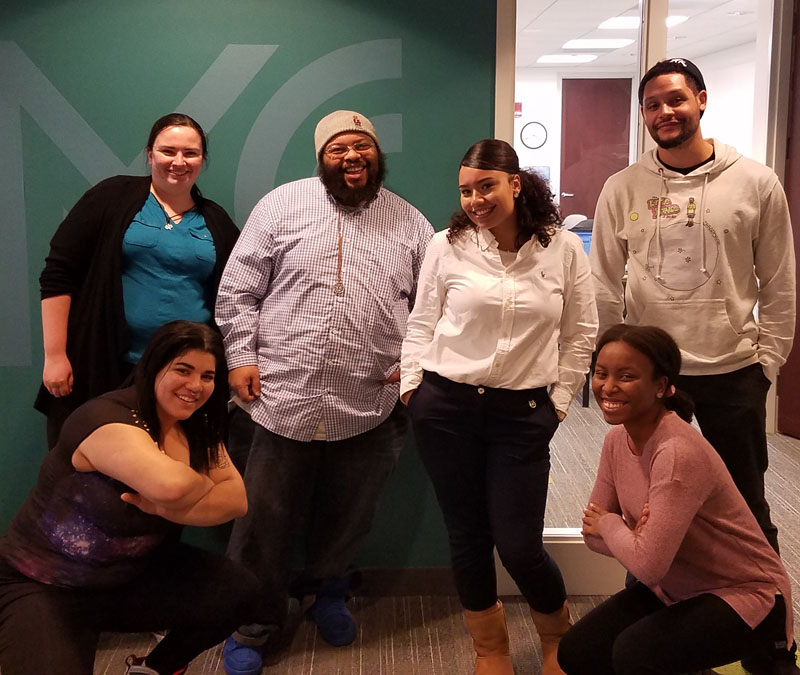 2018 Amplify panelists: (Left to right) Gladys Hidalgo, Raw Art Works; Rachel Cummings, Express Yourself; Corey DePina, Zumix; Raquel Navarro, Sociedad Latina; and Marquis Victor, Elevated Thought. With Shaneez Tyndall, Mass Cultural Council.