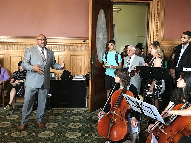 Rep. Jeffrey Sánchez speaking at Amplify reception in the State House